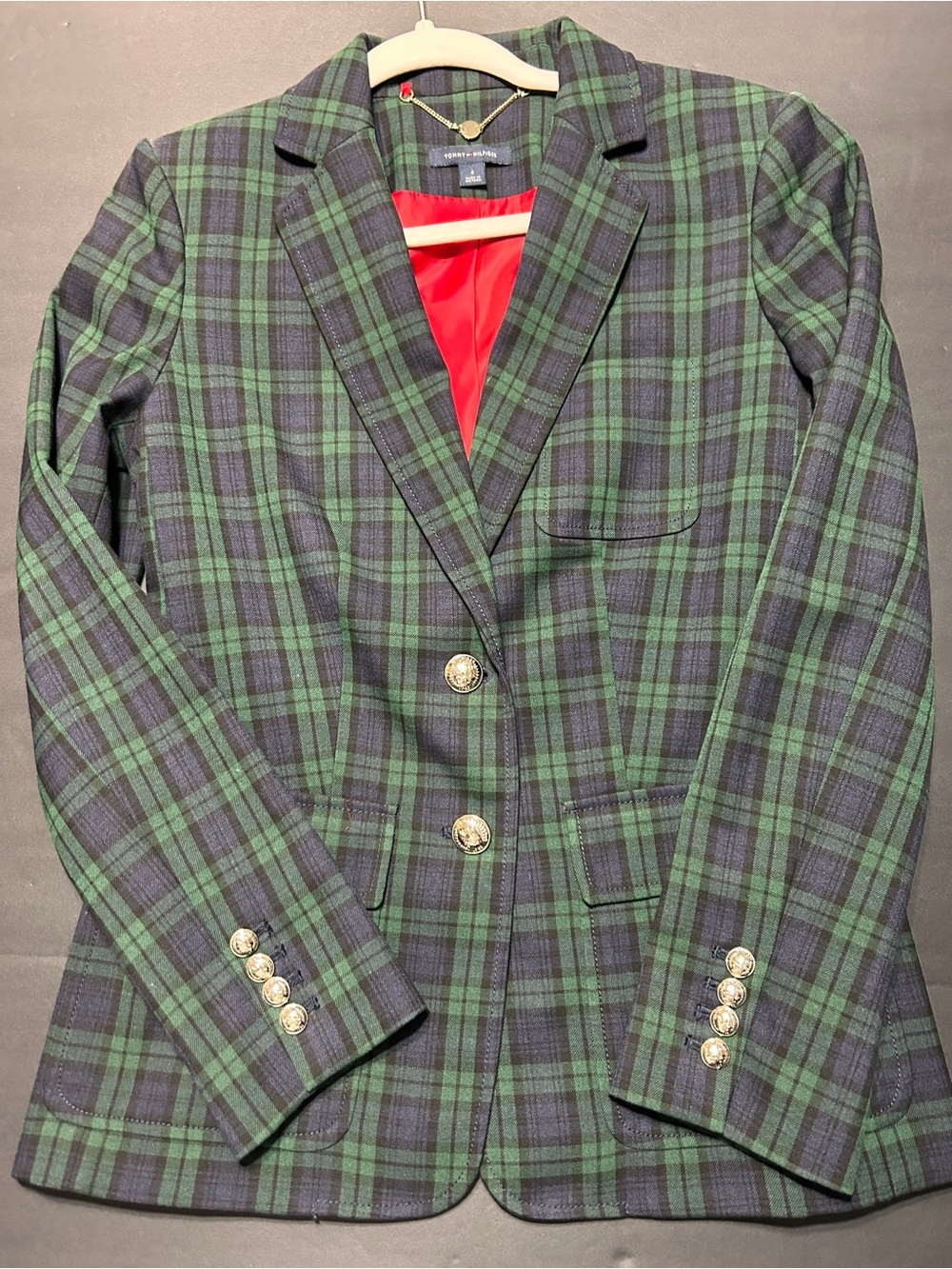 Tommy Hilfiger green and dark blue plaid blazer with gold buttons, size 4